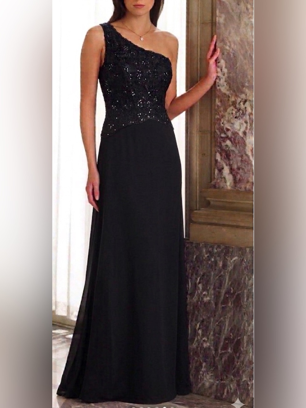 Sophia Tolli Black One-Shoulder Evening Gown Dress